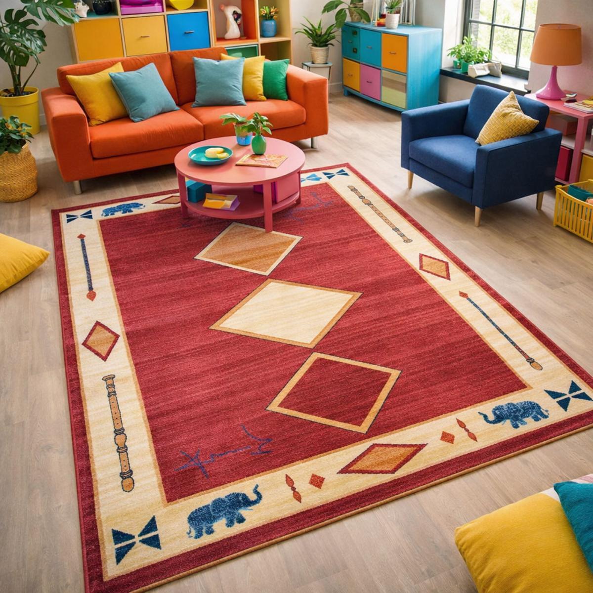 Tapis Tevu rouge et beige aux motifs géométriques d'inspiration Kazak