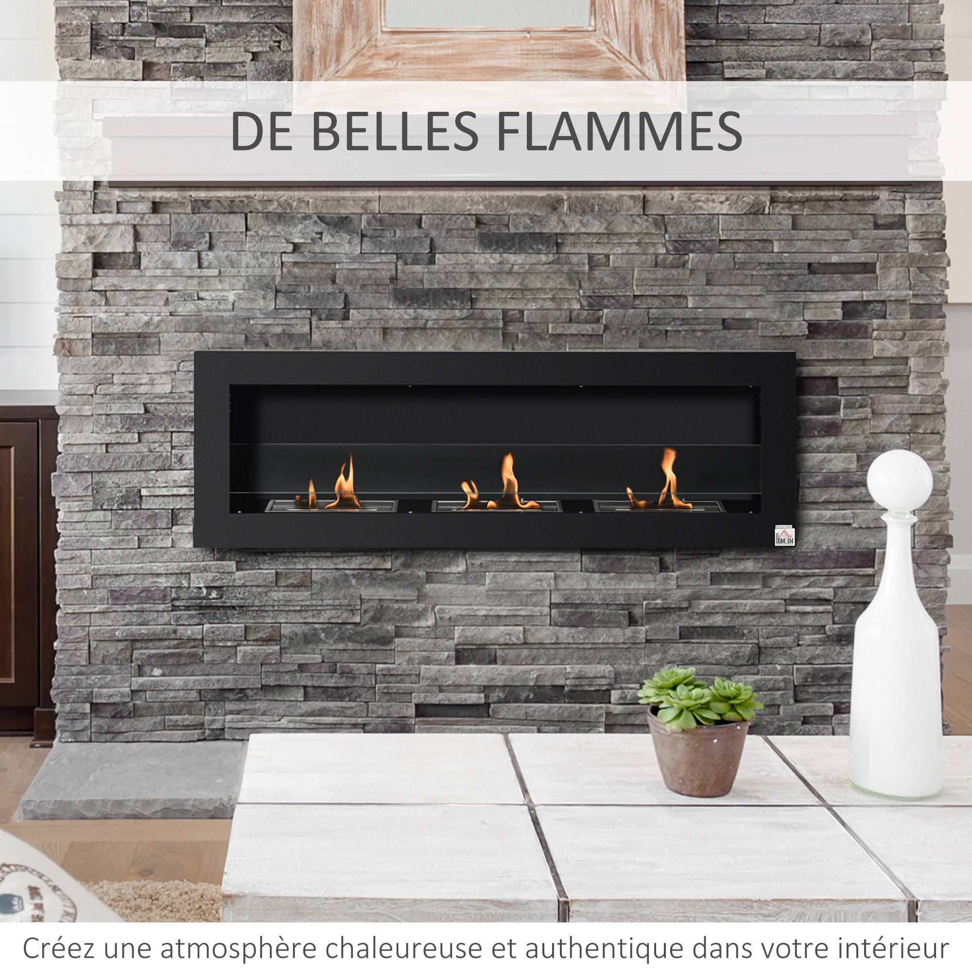 Cheminée bioéthanol murale design Bauhaus - triple brûleur 1 L - pare-feu verre trempé, kit fixation inclus - acier inox. acier dépoli noir