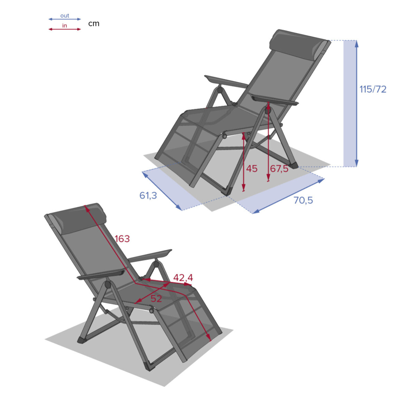 Fauteuil de jardin inclinable "Decima" bordeaux & graphite 8 positions en aluminium traoté époxy