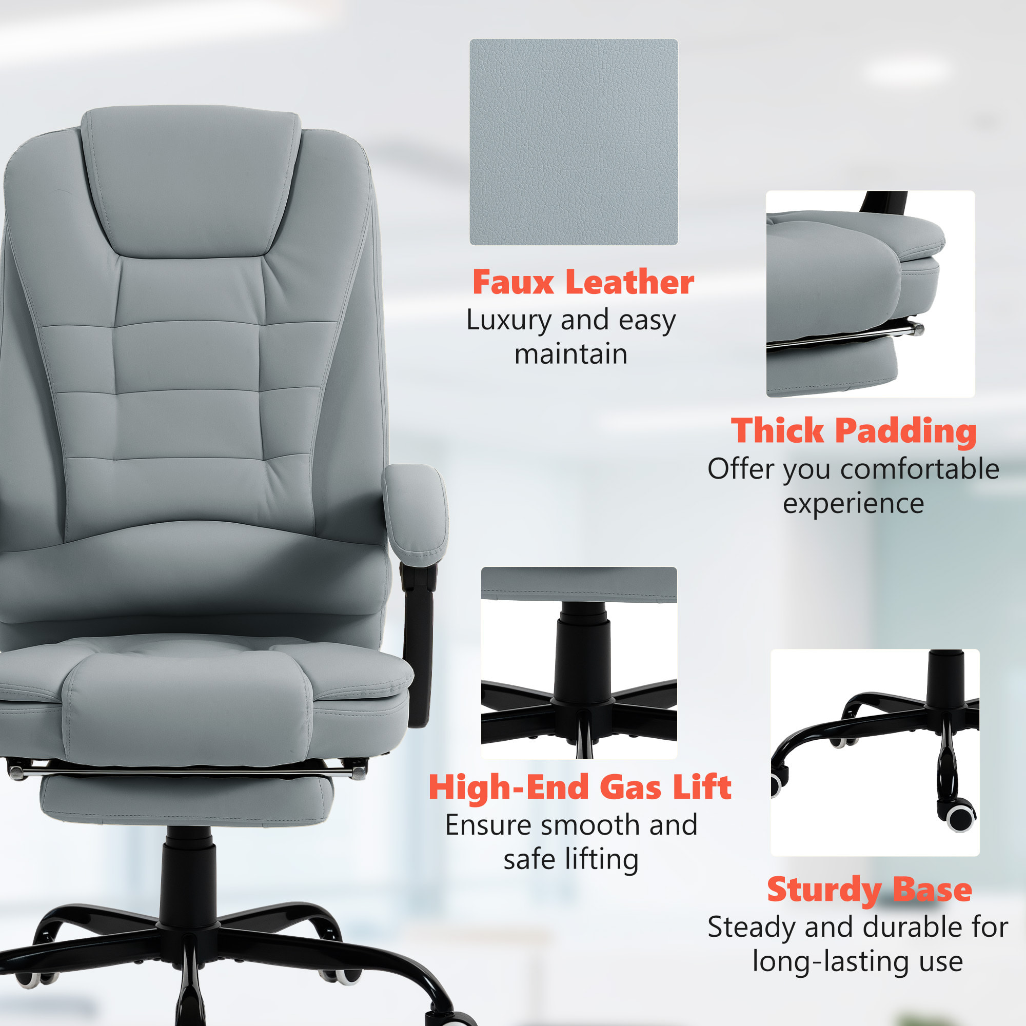 Fauteuil de bureau direction massant inclinable réglable repose-pied coussin lombaires synthétique gris