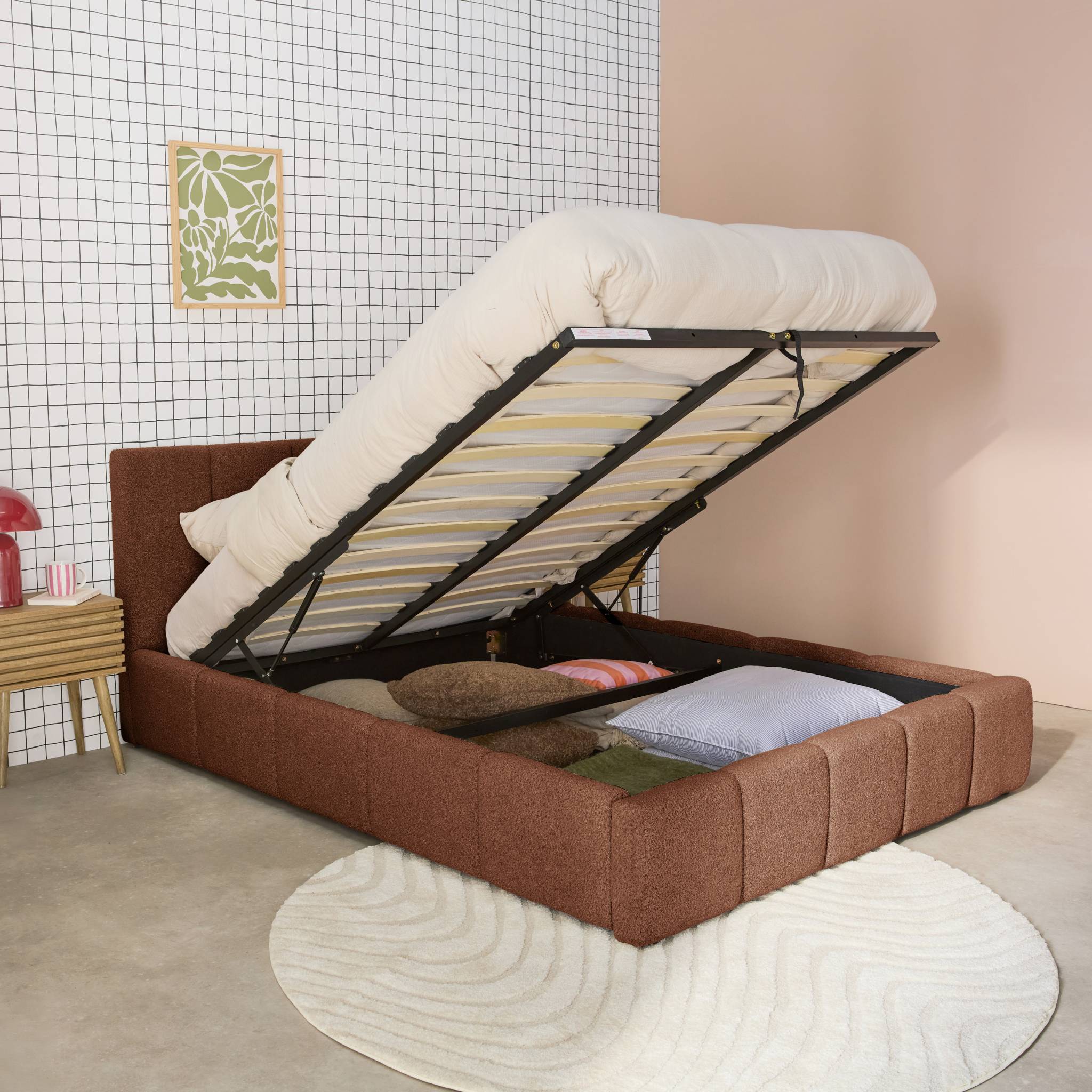 Lit coffre double avec sommier à lattes et tête de lit terracotta 160 x 200 cm bouclette texturée - Lex