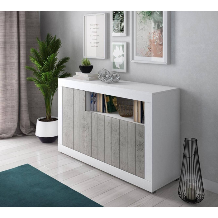 Credenza moderna a 3 ante, Buffet da cucina, Madia con scaffali e ripiani, Mobile da soggiorno Porta TV, cm 138x42xh86, colore Bianco e Cemento