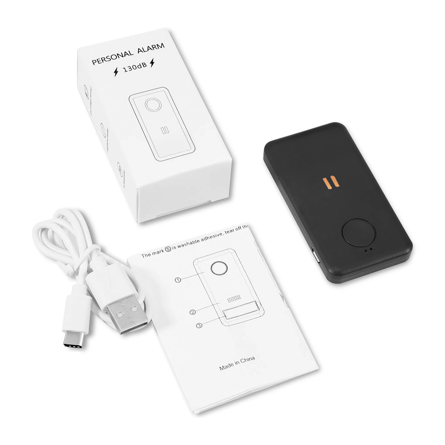 Alarma SOS personal con sonido de 130dB. Batería recargable con hasta 90 minutos de sonido continuo.