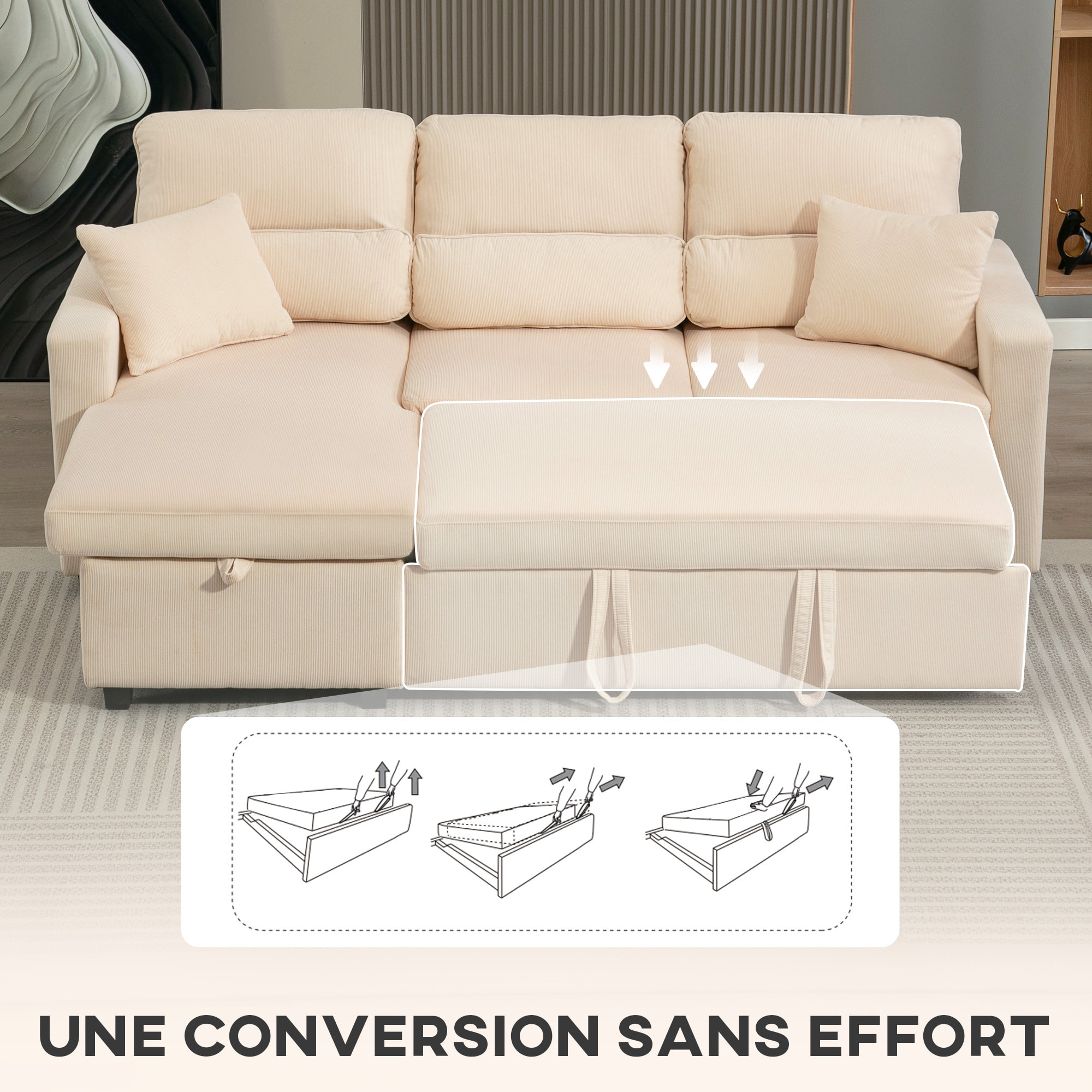 Canapé d'angle convertible velours côtelé avec coffre de rangement dim. 205x135x76cm beige