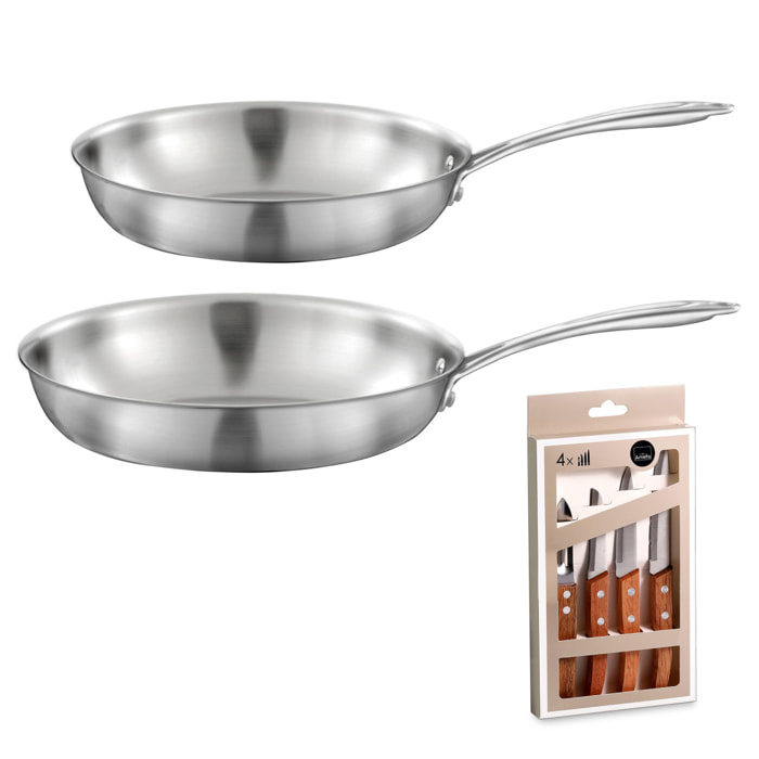 Gourmet - Lote de 2 sartenes de acero inoxidable 24 y 28 cm, 1 estuche con 4 cuchillos de cocina