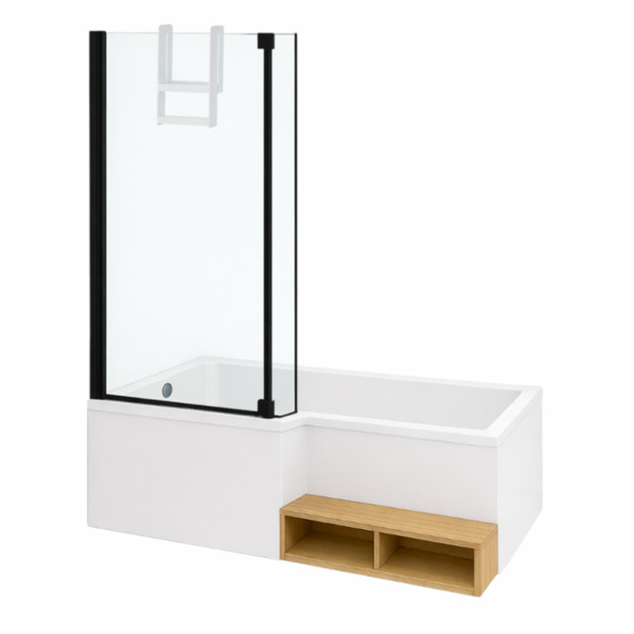 Pack baignoire bain douche 150 x 80 Neo version gauche + pare bain noir mat + tablier de baignoire en angle