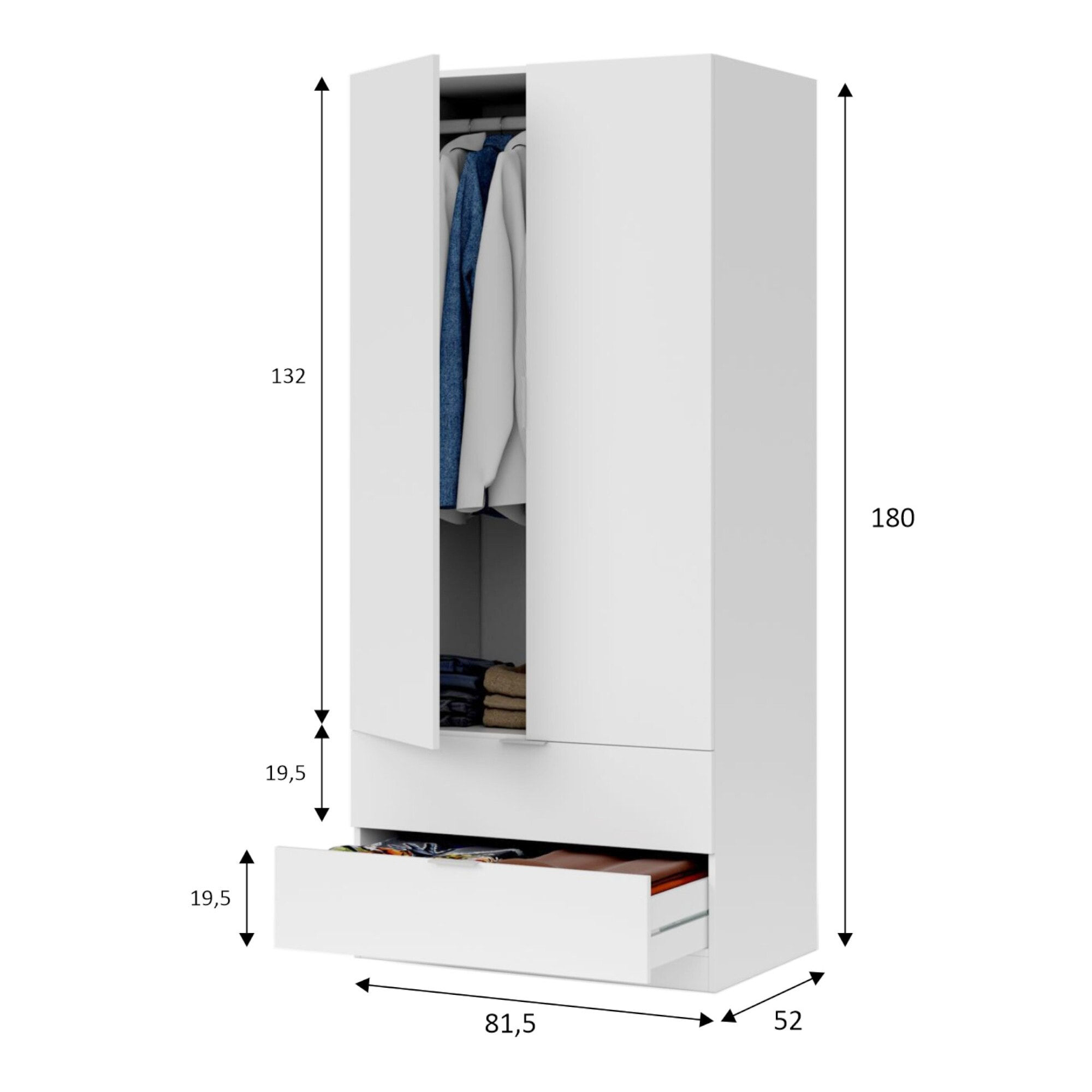 Guardaroba Burbank, Armadio per camera da letto a 2 ante e 2 cassetti, Mobile per camera da letto con barra appendiabiti, cm 81x52h180, Bianco