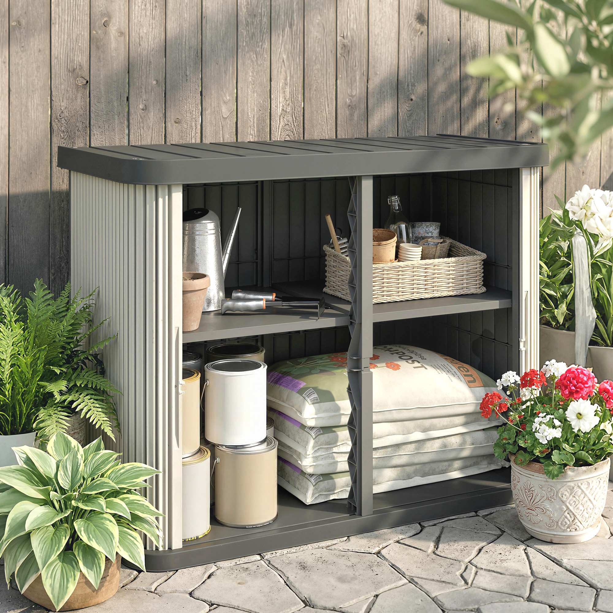 Coffre de jardin 480L 2 portes coulissantes étagère gris crème