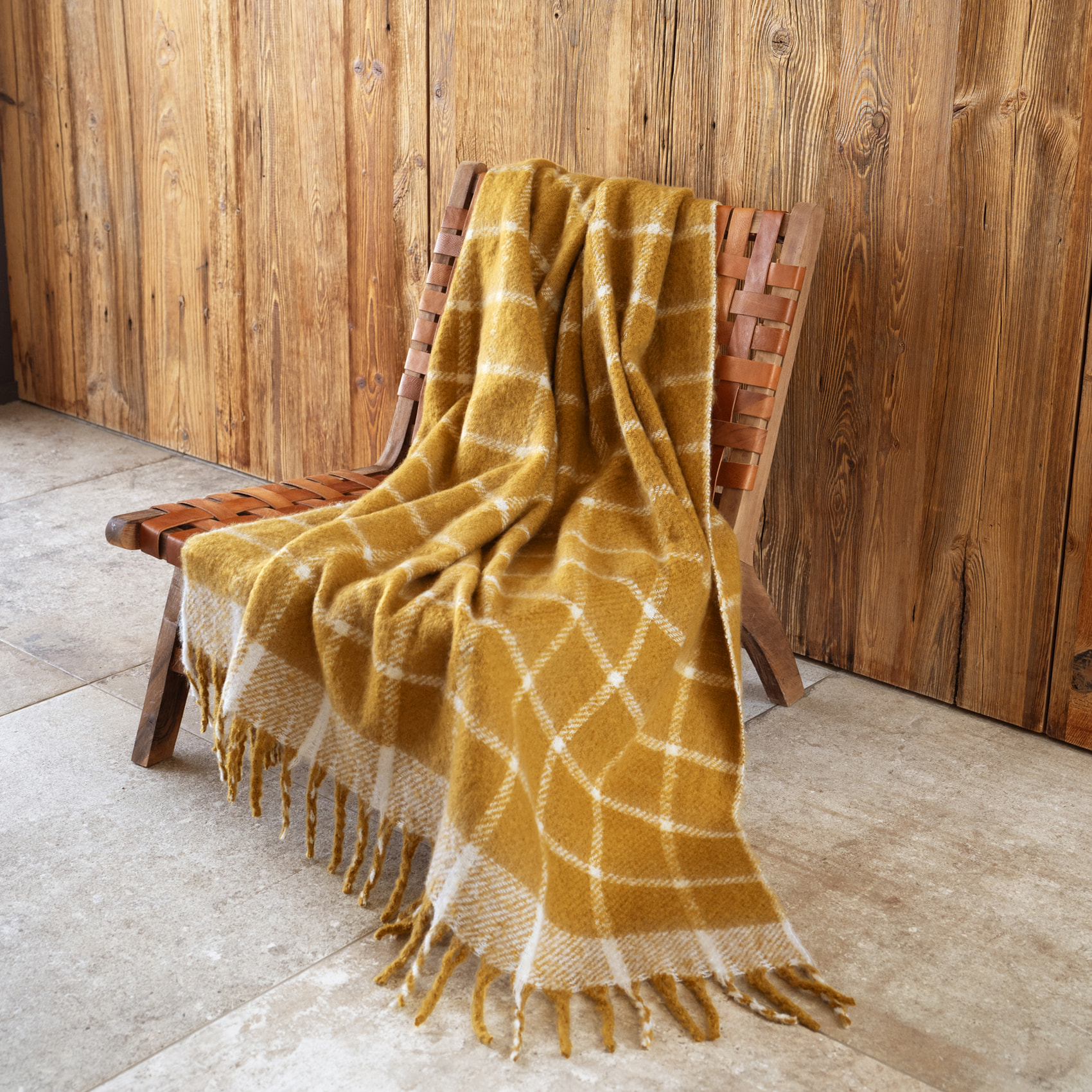 Plaid à carreaux aspect mohair avec franges - Jaune Ocre