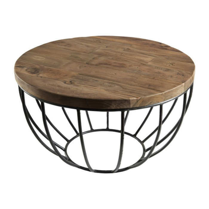 SIXTINE - Table basse coque ronde 60x60cm plateau teck recyclé piétement métal noir