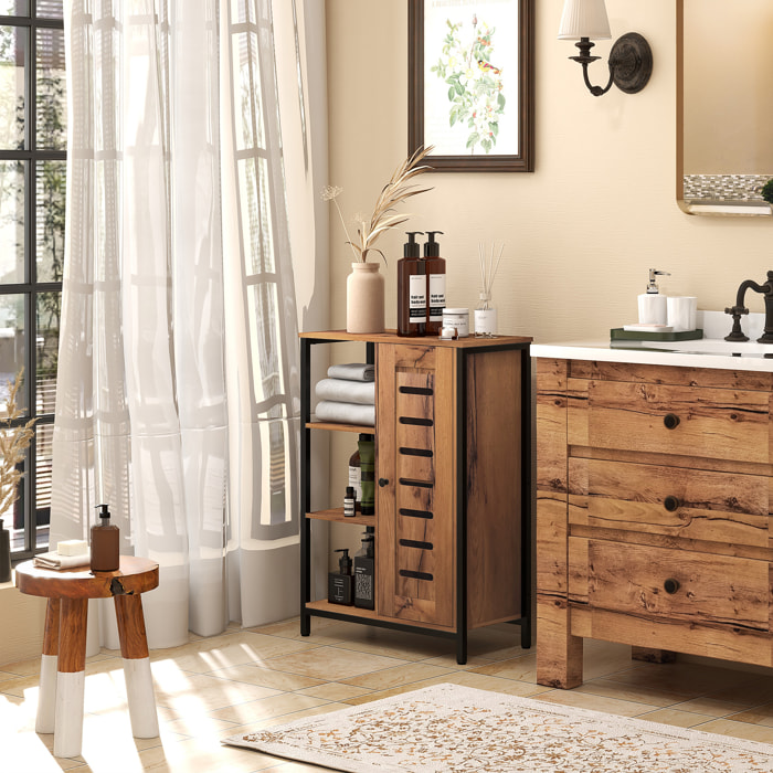 Meuble de salle de bain sur pied, meuble de rangement, design industriel, structure en acier, 3 étagères ouvertes, placard à 2 niveaux, porte à lamelles, 60 x 30 x 85 cm, marron rustique