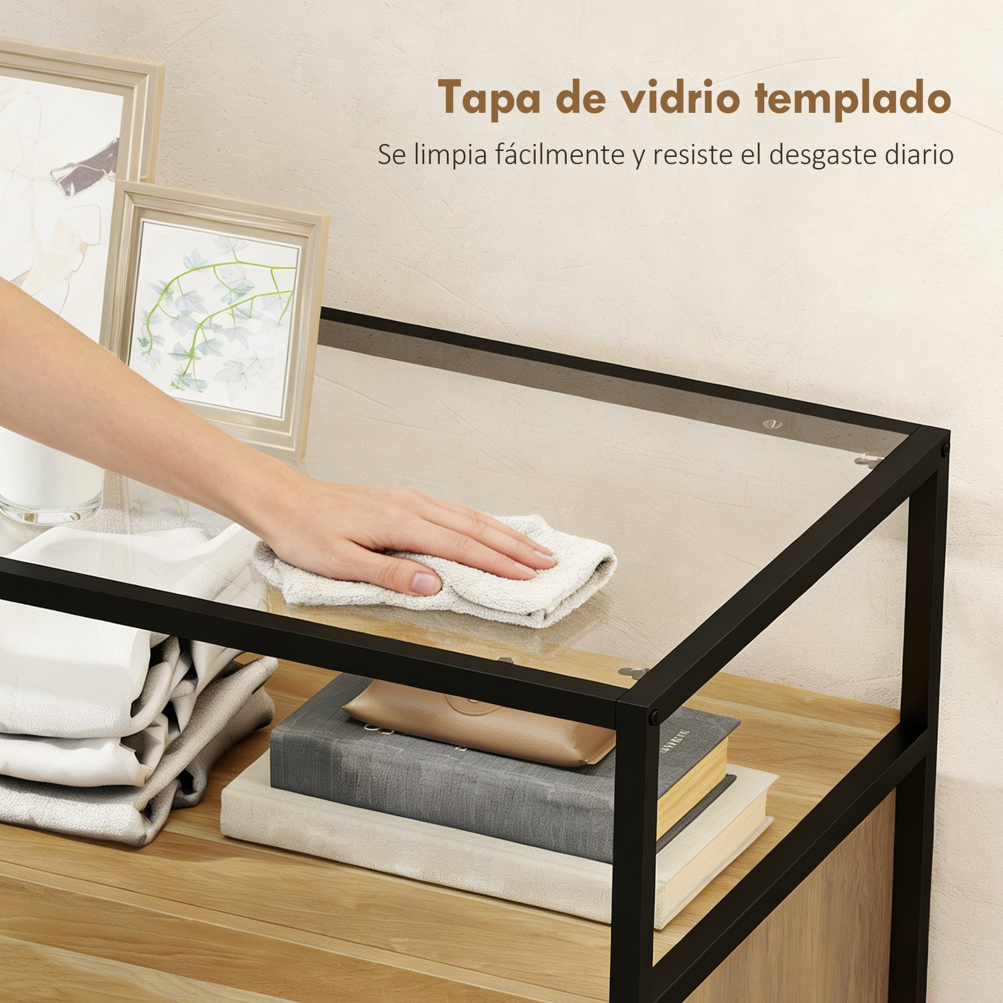 Cómoda 4 Cajones, Cómoda Dormitorio con Superficie de Vidrio Templado, Estante Abierto, Estructura de Acero, Cajonera para Salón, Oficina, 60x40x94,5 cm, Teca