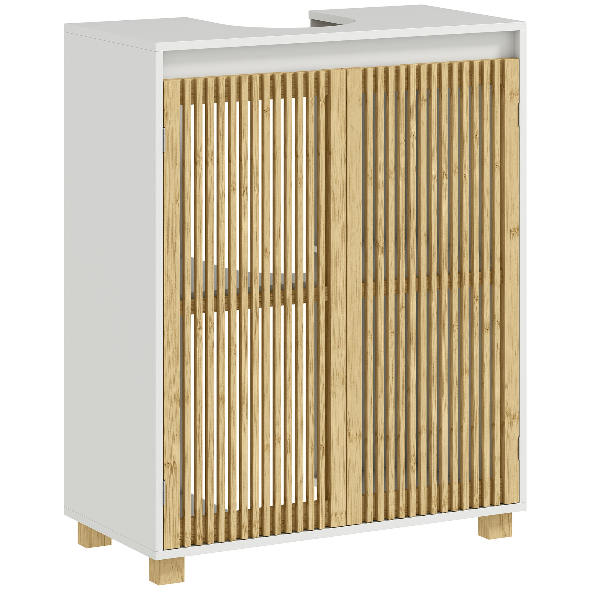 Meuble sous vasque en bois - 2 portes à lattes verticales, étagère - piètement bambou blanc