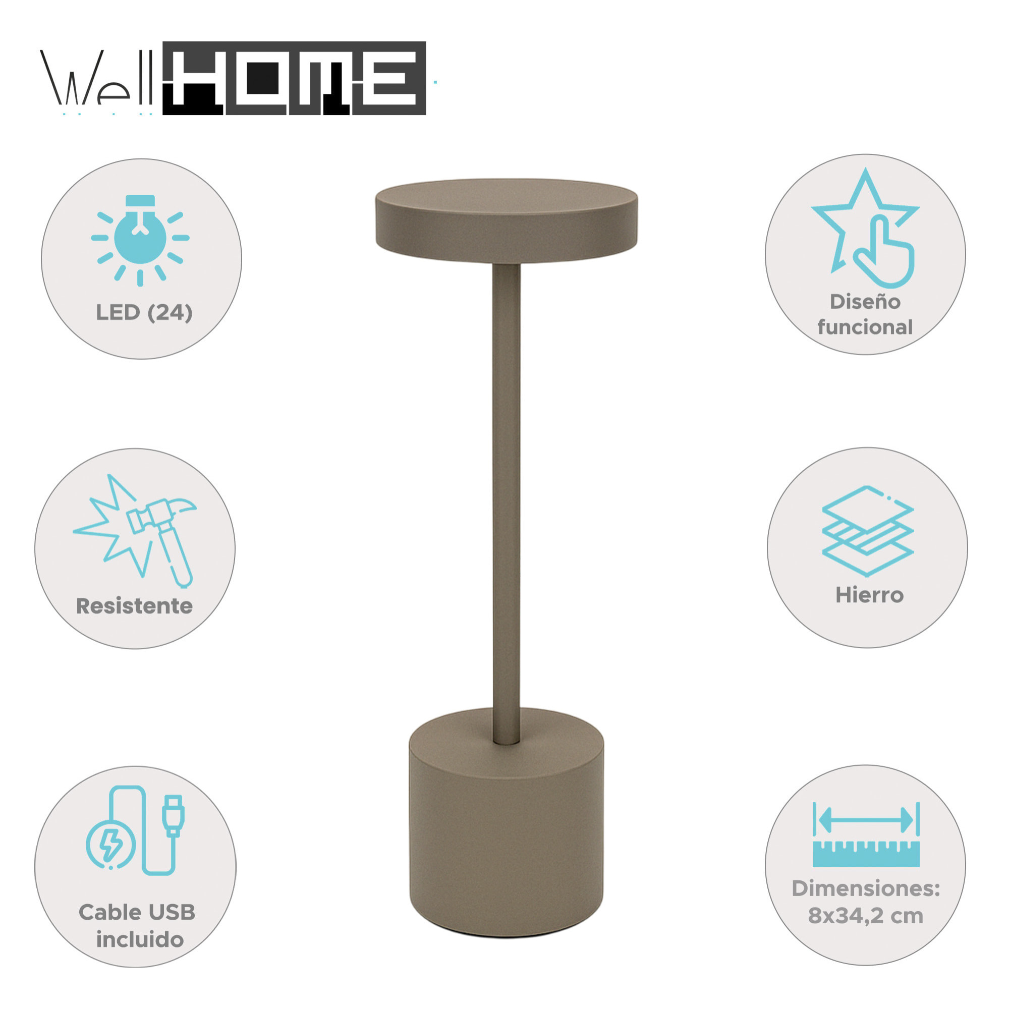 Well Home Lámpara de Mesa color Taupe con 24 luces LED blanco cálido con 3 modos de iluminación Ø8x34,2cm