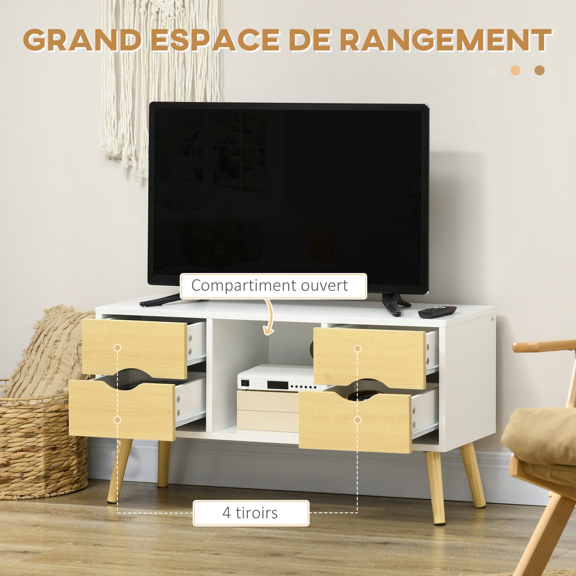 Meuble TV style scandinave 4 tiroirs coulissants niche passe-fils piètement bois pin blanc aspect bois clair