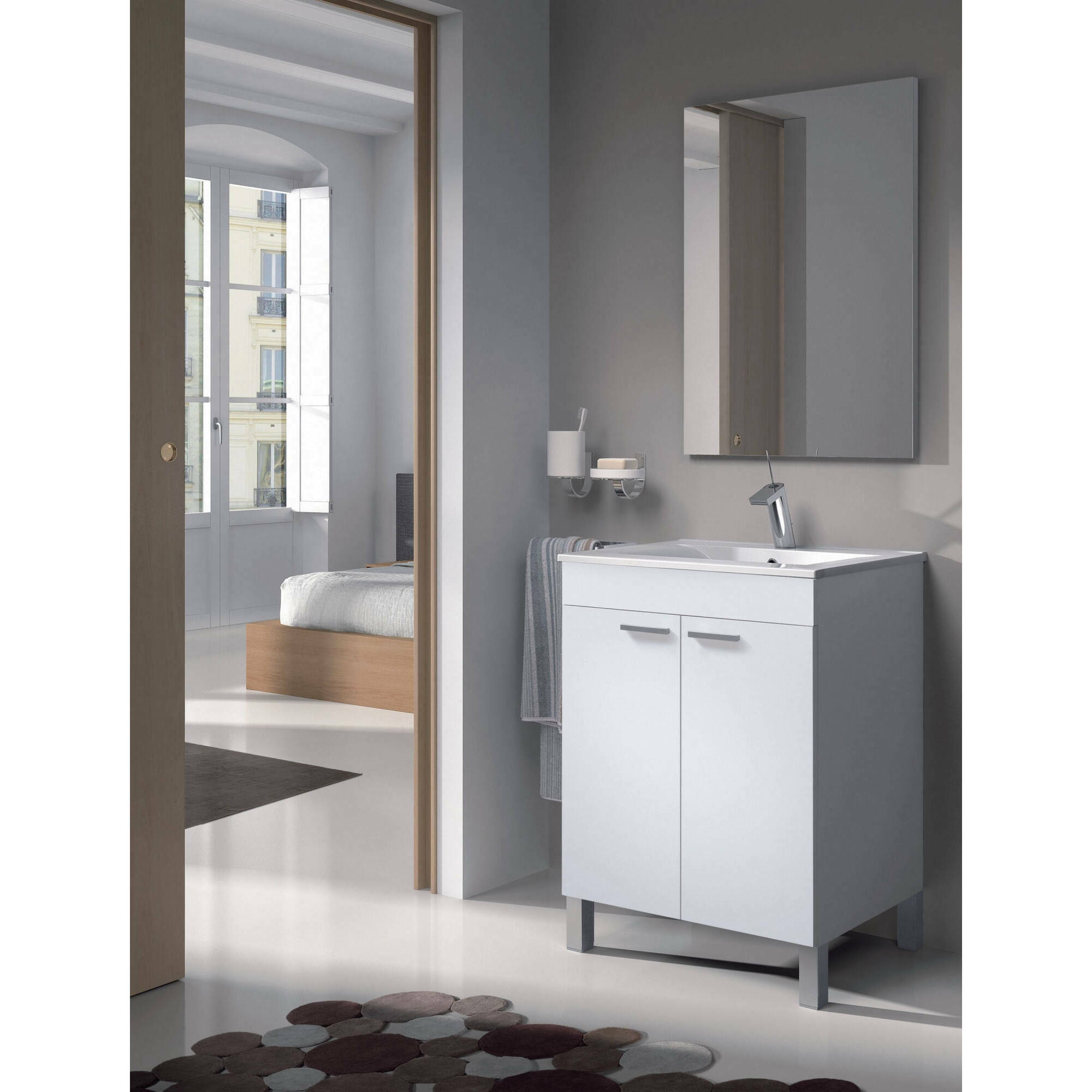 Mobile sottolavabo Naperville, Mobiletto per bagno, Armadio a 2 ante con specchio, lavabo non incluso, cm 60x45h80, Bianco lucido