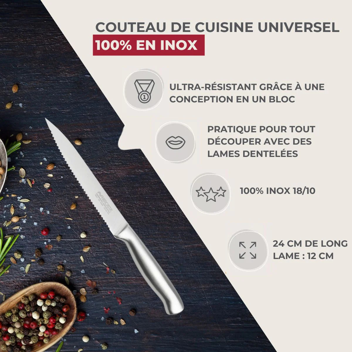 Ensemble de 4 Couteaux de cuisine professionnel 24 cm lame crantée Nirosta Star