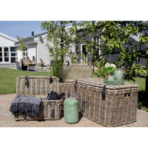 Set 3 bauli portaoggetti Depok in rattan kubu grigio con manici in pelle