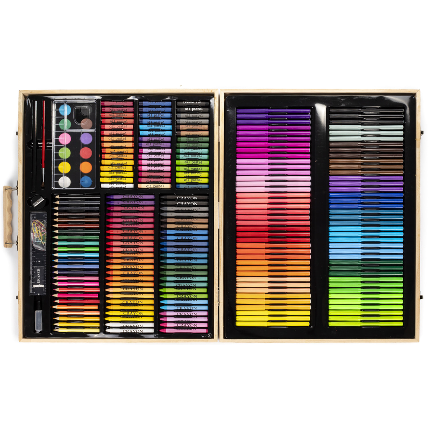 Maletín madera  bellas artes completo de pintura y dibujo 180 piezas oleo,acuarelas, ceras,rotuladores, pastel y lapices con accesorios.
