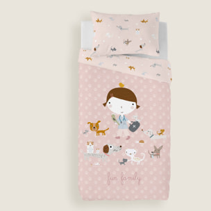 Funda Nórdica Estampada - Reversible - Infantil - Cierre Solapa - 100% Algodón - Incluye 1 Funda de Almohada - Amigos Peludos