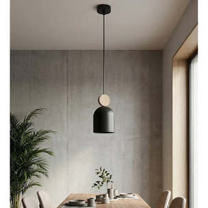 Lampada a sospensione Mesi in acciaio nero opaco e legno