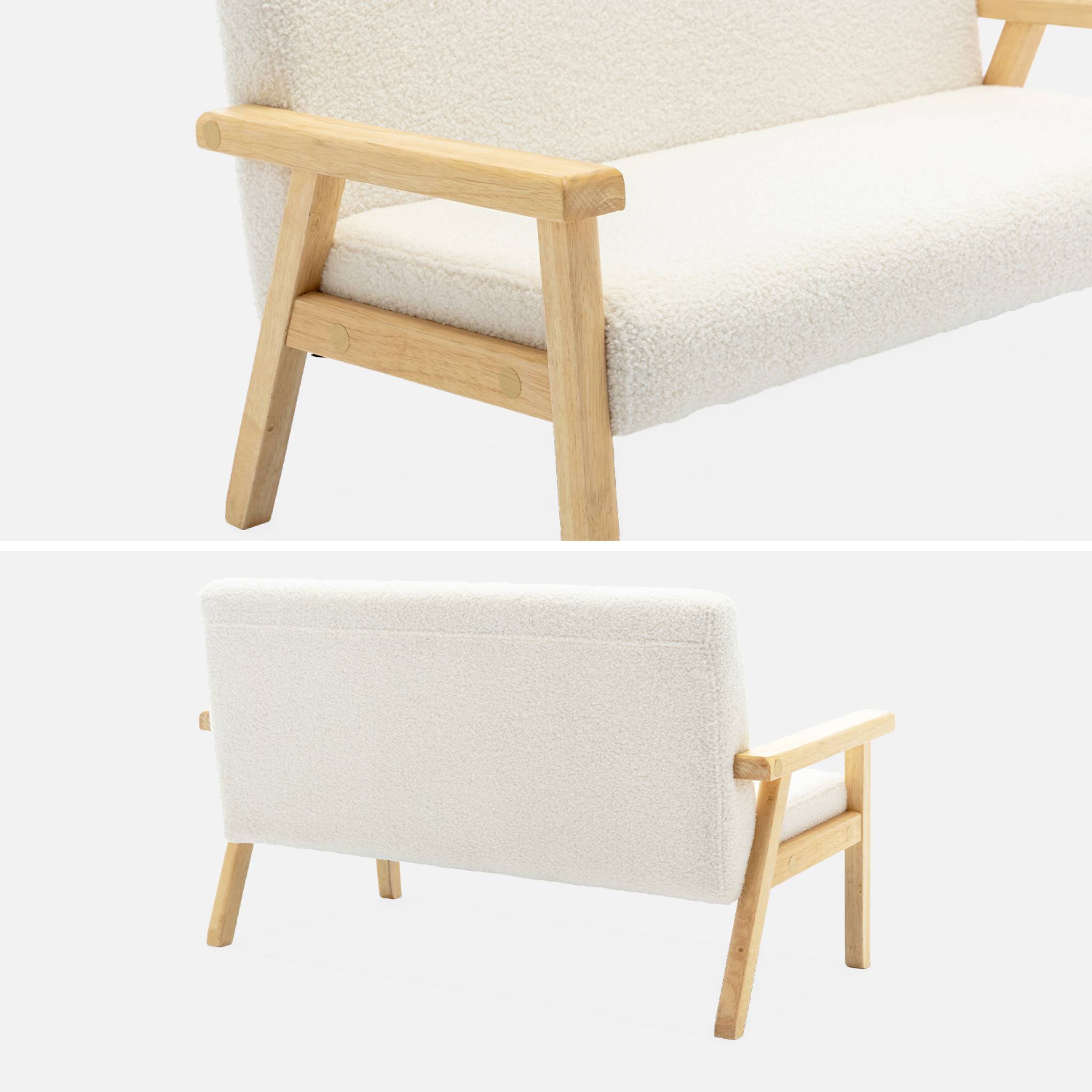 Banquette canapé enfant en bois et tissu bouclette. Isak. L 84 x P 43.5 x H 50cm