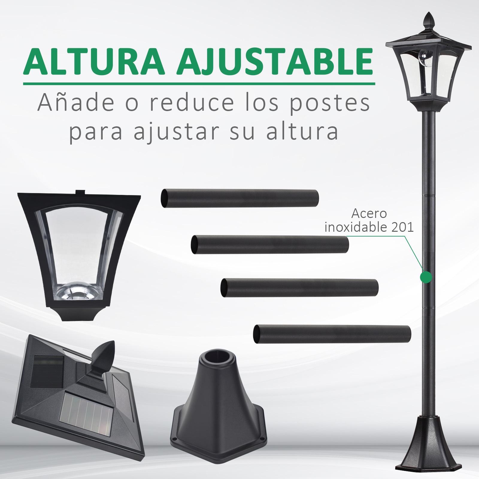 Farola Solar Luz Solar para Jardín con Panel Solar Encendido Automático y Marco de Acero Inoxidable para Terraza Patio 18x18x160 cm Negro