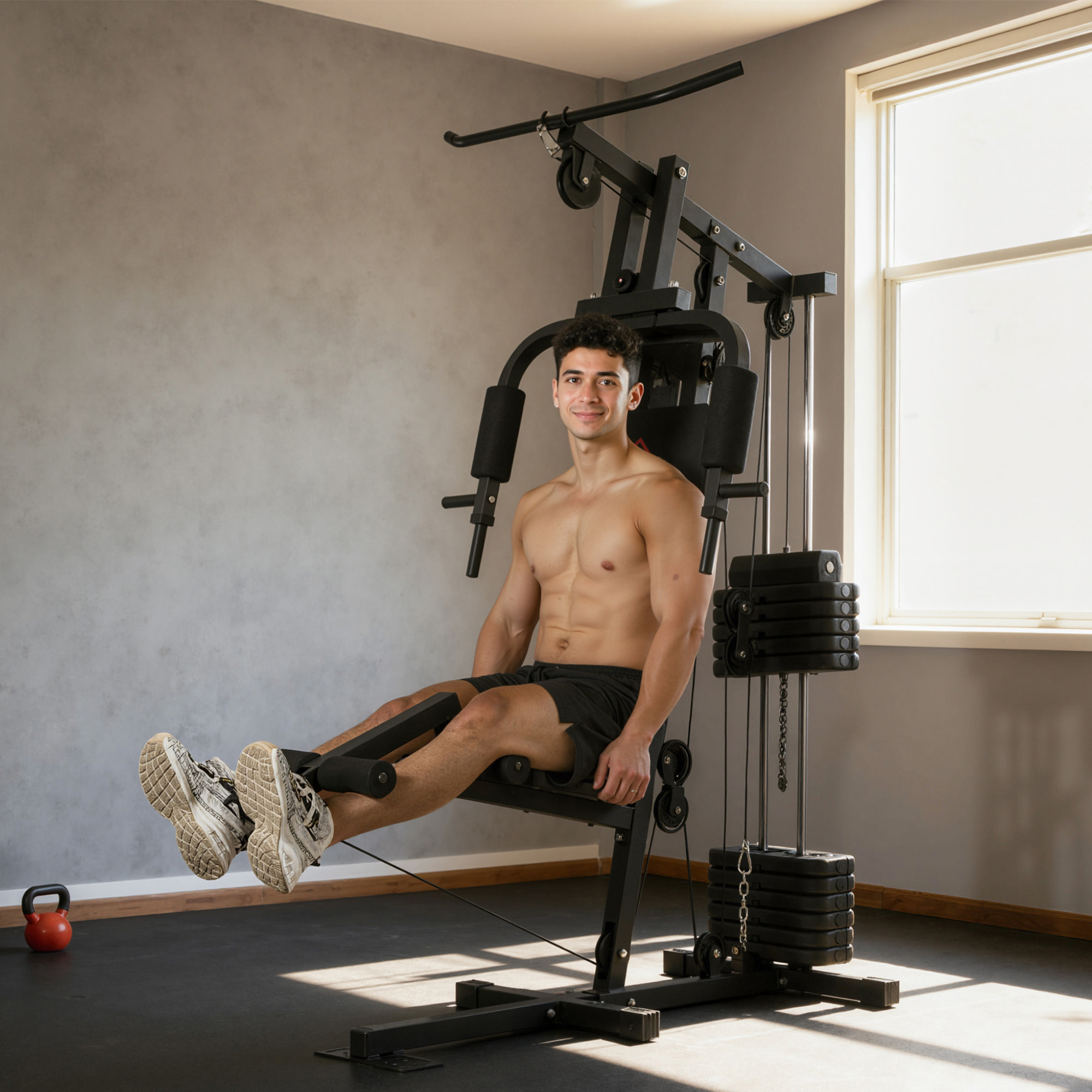 Station de musculation - développé couché, butterfly, barre latissimus, curler, bande résistance - 12 contrepoids - acier noir