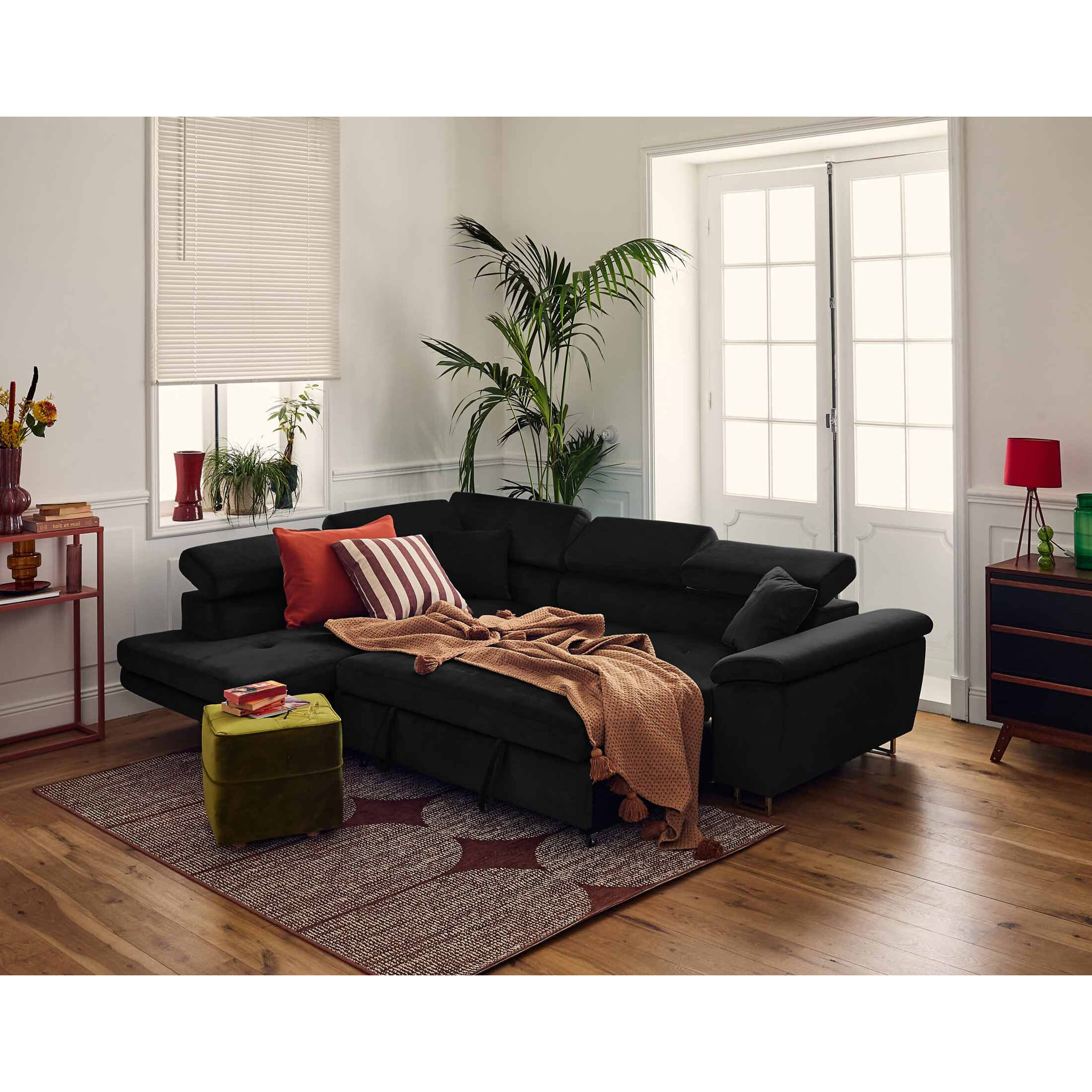 Dimas - canapé d'angle gauche 5 places - convertible avec coffre et têtières réglables - en velours - Noir