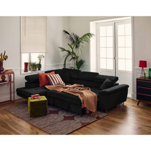 Dimas - canapé d'angle gauche 5 places - convertible avec coffre et têtières réglables - en velours - Noir