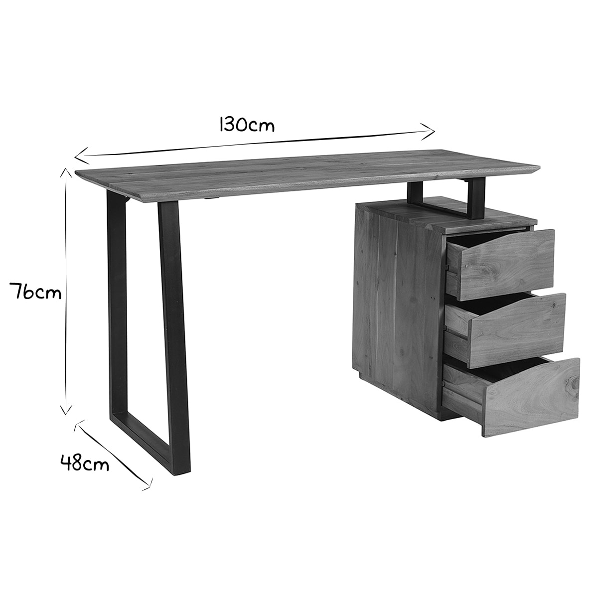 Bureau avec rangements 3 tiroirs industriel bois massif et métal noir L130 cm HORACE