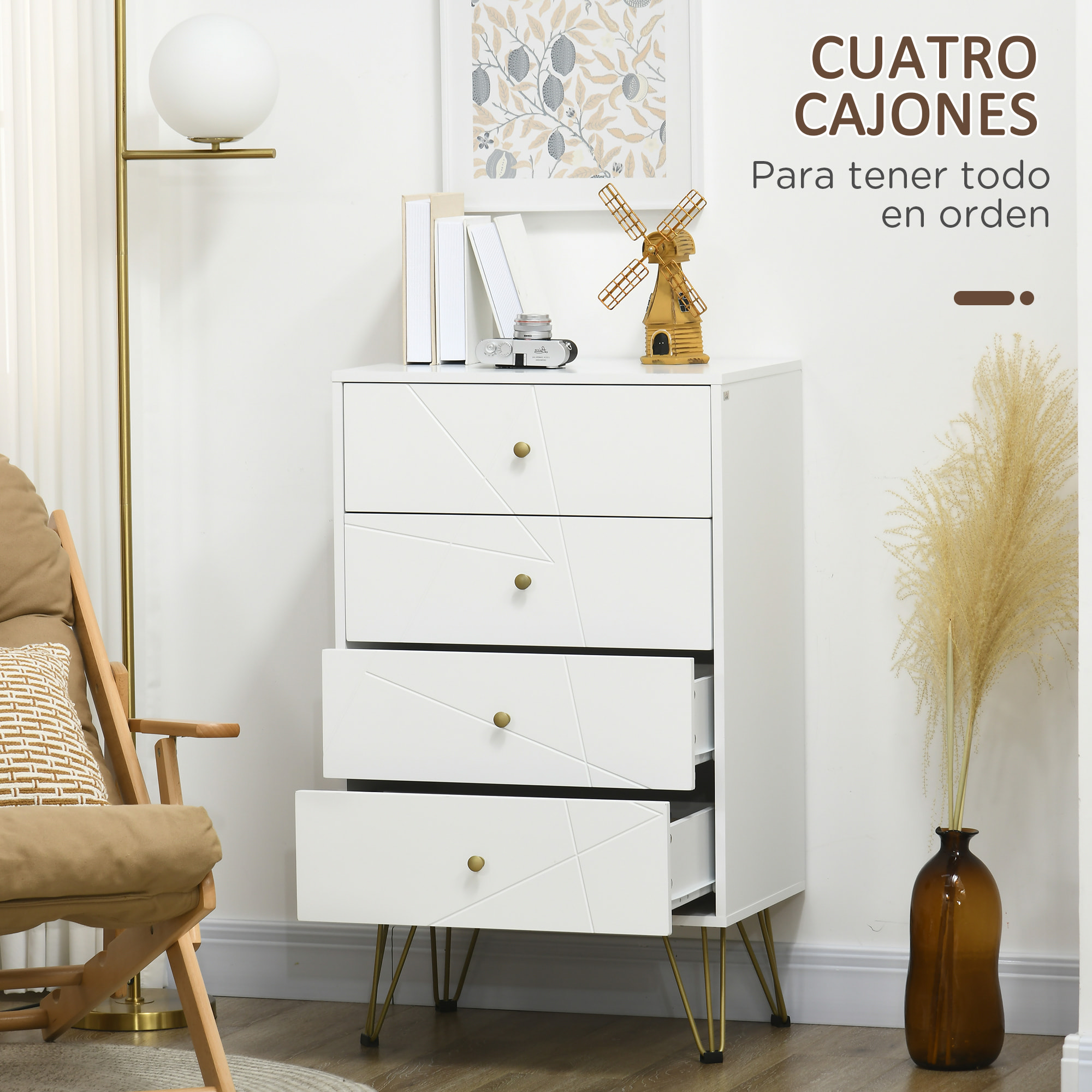 Cómoda de Dormitorio Moderna Cómoda de Madera con 4 Cajones y Patas Metálicas Mueble Cajonera para Salón Oficina 60x40x100 cm Blanco