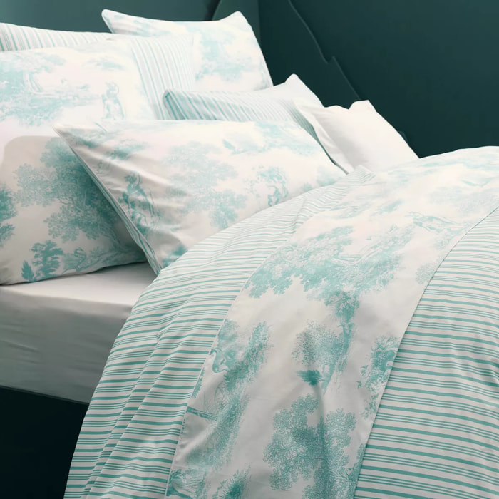 Drap plat percale de coton imprimé bleu Poesie aqua