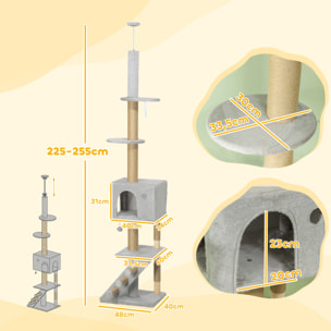 Árbol para Gatos de Suelo a Techo de 225-265 cm Árbol Rascador para Gatos con Altura Ajustable Múltiples Plataformas Escalera Bola Colgante Gris Claro