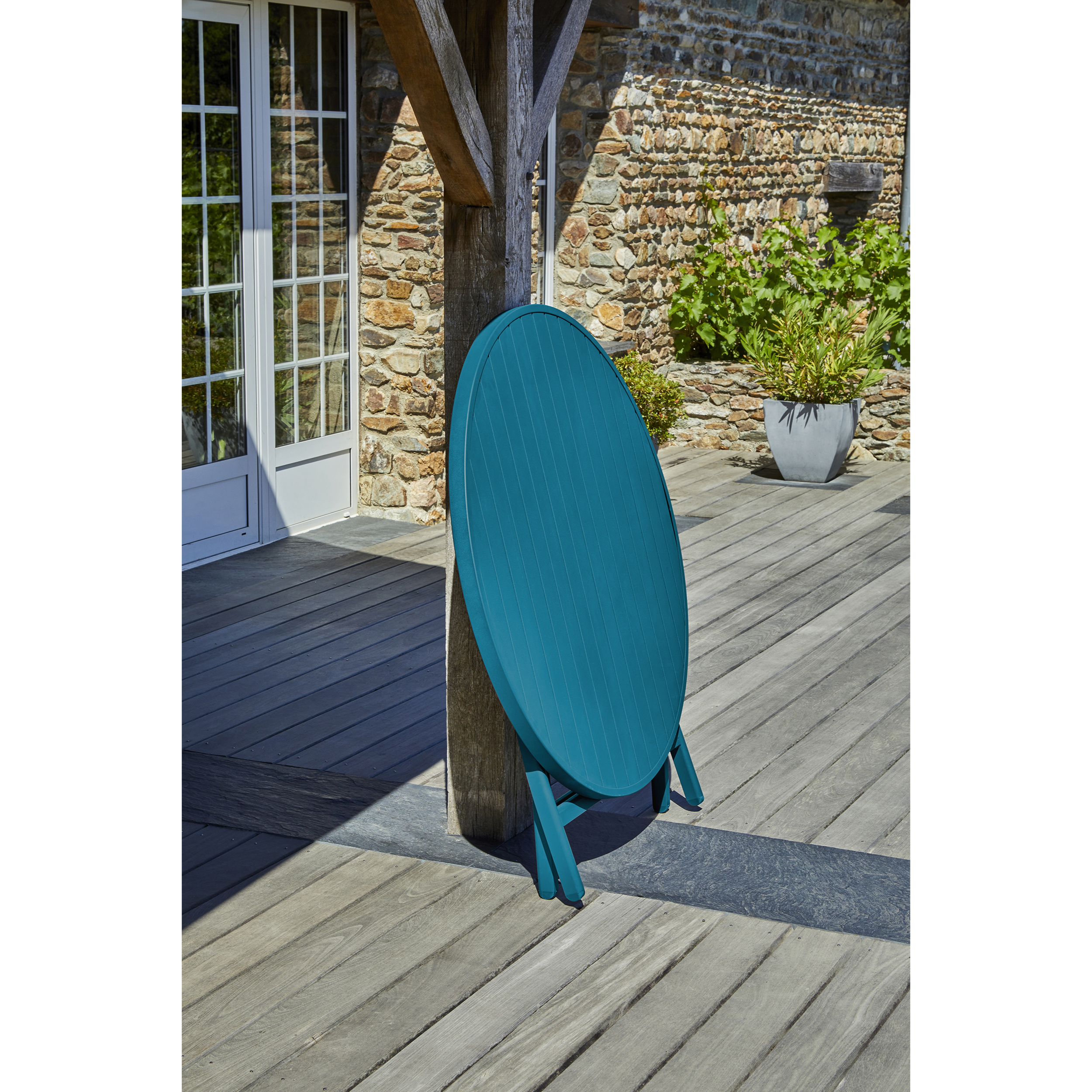 MARIUS - Table de jardin ronde pliante en aluminium bleu canard