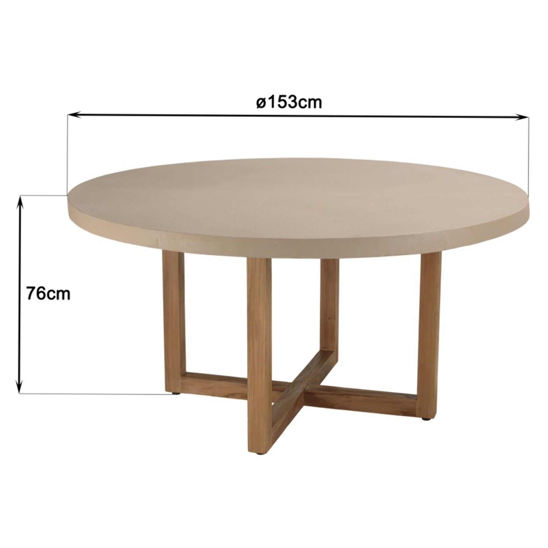 DAK - Table à manger ronde 153x153cm béton beige pieds croisés en teck