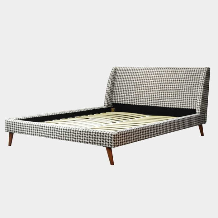 Lit Grace | A lattes flexibles | style Rétro et Chic | Tissu | Marron et Beige | Imprimé pied de poule