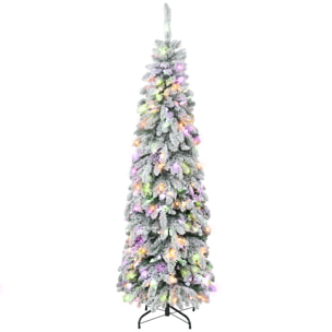 Árbol de Navidad Estrecho 180 cm, Árbol de Navidad Nevado con Luces LED Bicolores, Temporizador, 11 Modos de Iluminación, 540 Ramas, Soporte de Acero, Fácil de Montar, Verde