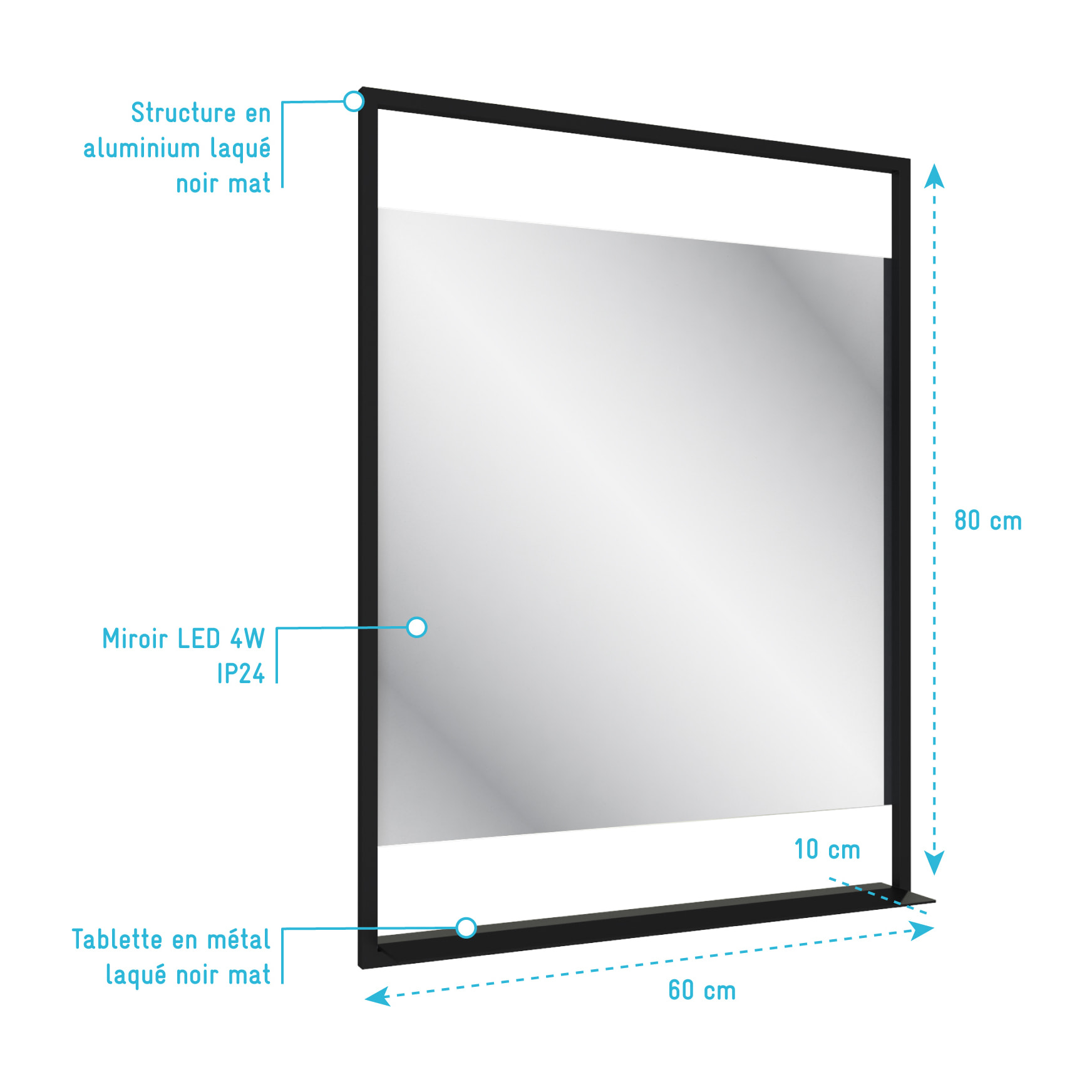 Miroir salle de bain LED auto-éclairant 60x80cm - laqué noir mat - FRAMED MIRROR LED