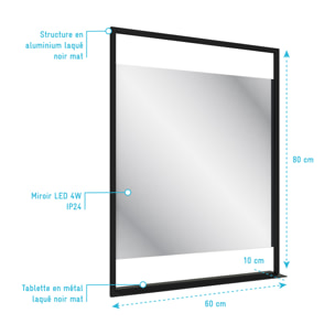 Miroir salle de bain LED auto-éclairant 60x80cm - laqué noir mat - FRAMED MIRROR LED