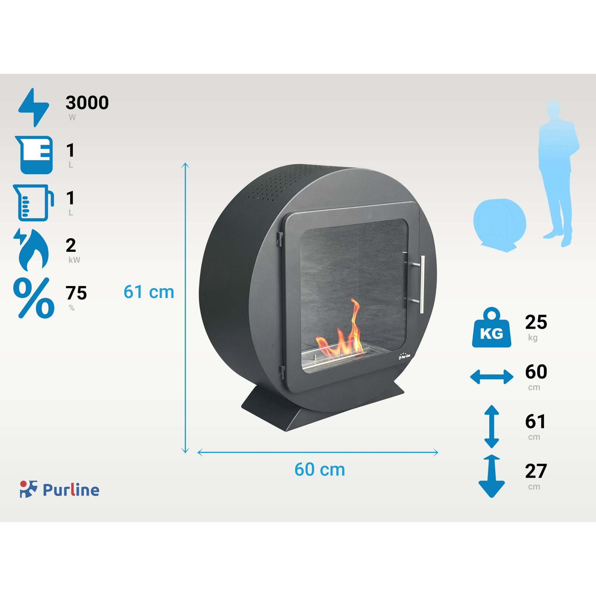 Estufa de etanol compacta con diseño moderno y puerta de seguridad CRATOS PURLINE