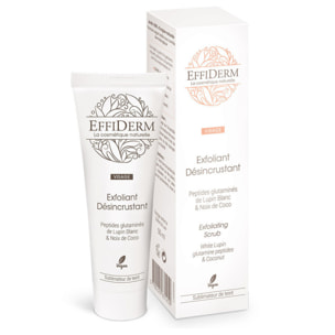 EFFIDERM - Exfoliant désincrustant visage - Peptides glutaminés de Lupin Blanc et Noix de Coco - Elimine en douceur les cellules mortes, impuretés et excès de sébum - Vegan - Tube 50 ml