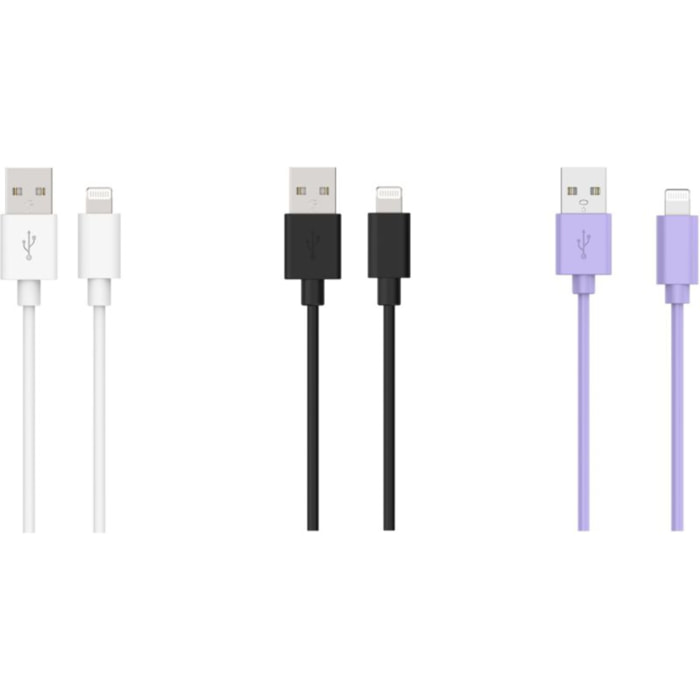 Câble Lightning ESSENTIELB pack 3 câbles USB 1M Blanc/Noir/Mauve