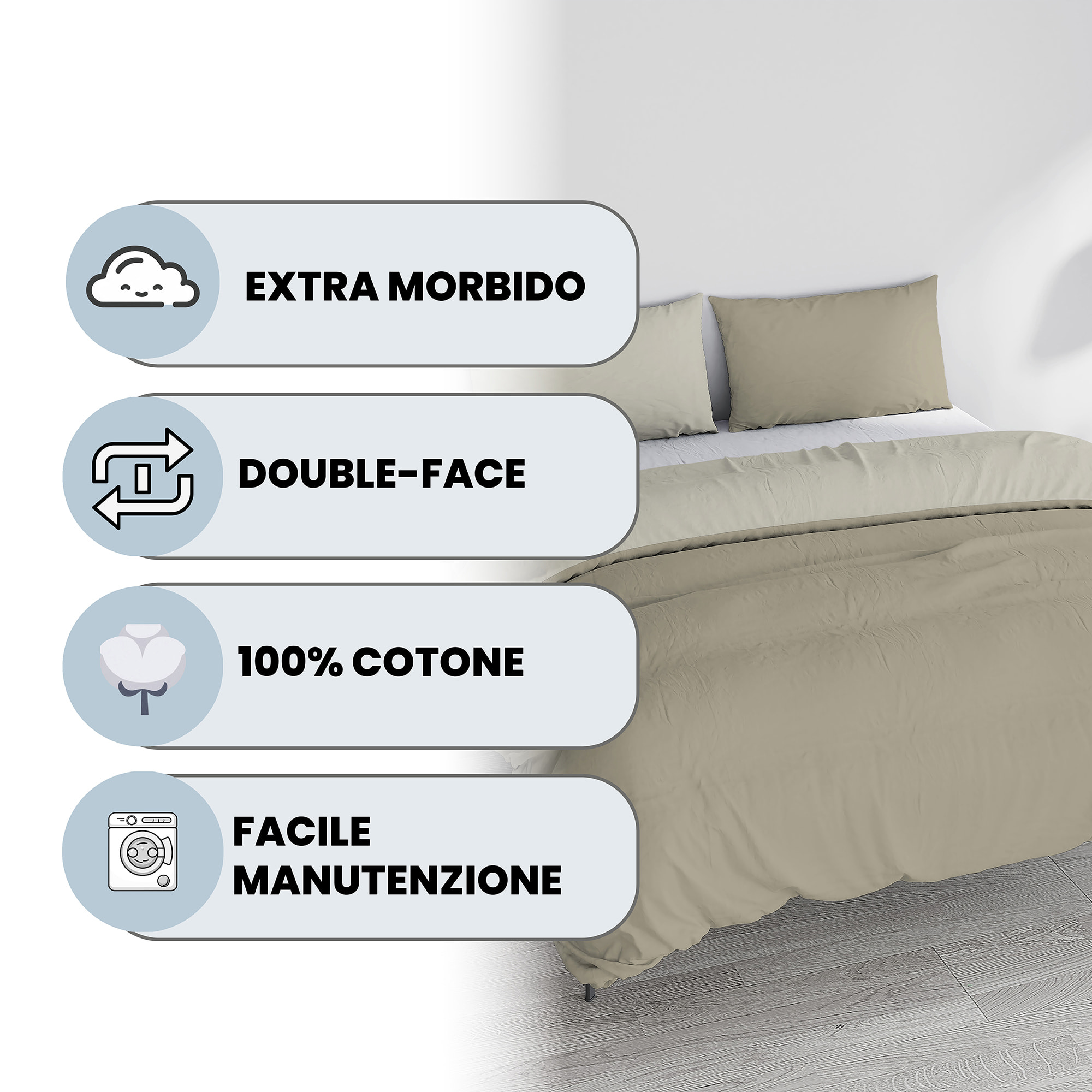 PARURE COPRIPIUMINO NATURAL COLOR, 100% Cotone, Made in Italy - TORTORA/PANNA