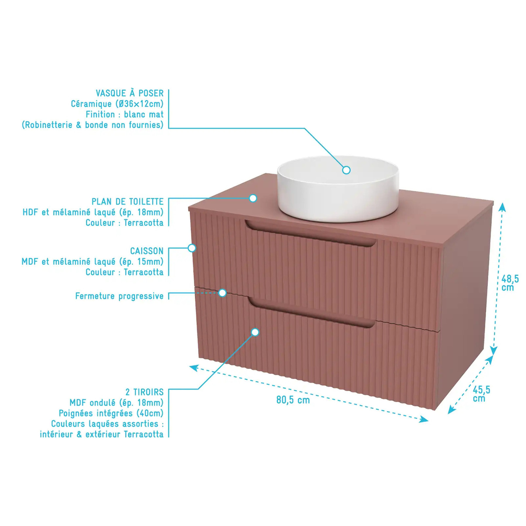 Meuble de Salle de Bains LEON 80cm Terracotta - 2 Tiroirs en MDF Ondules - Vasque Ronde 36cm