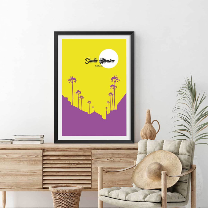 Affiche graphique santa monica californie Affiche sous cadre noir