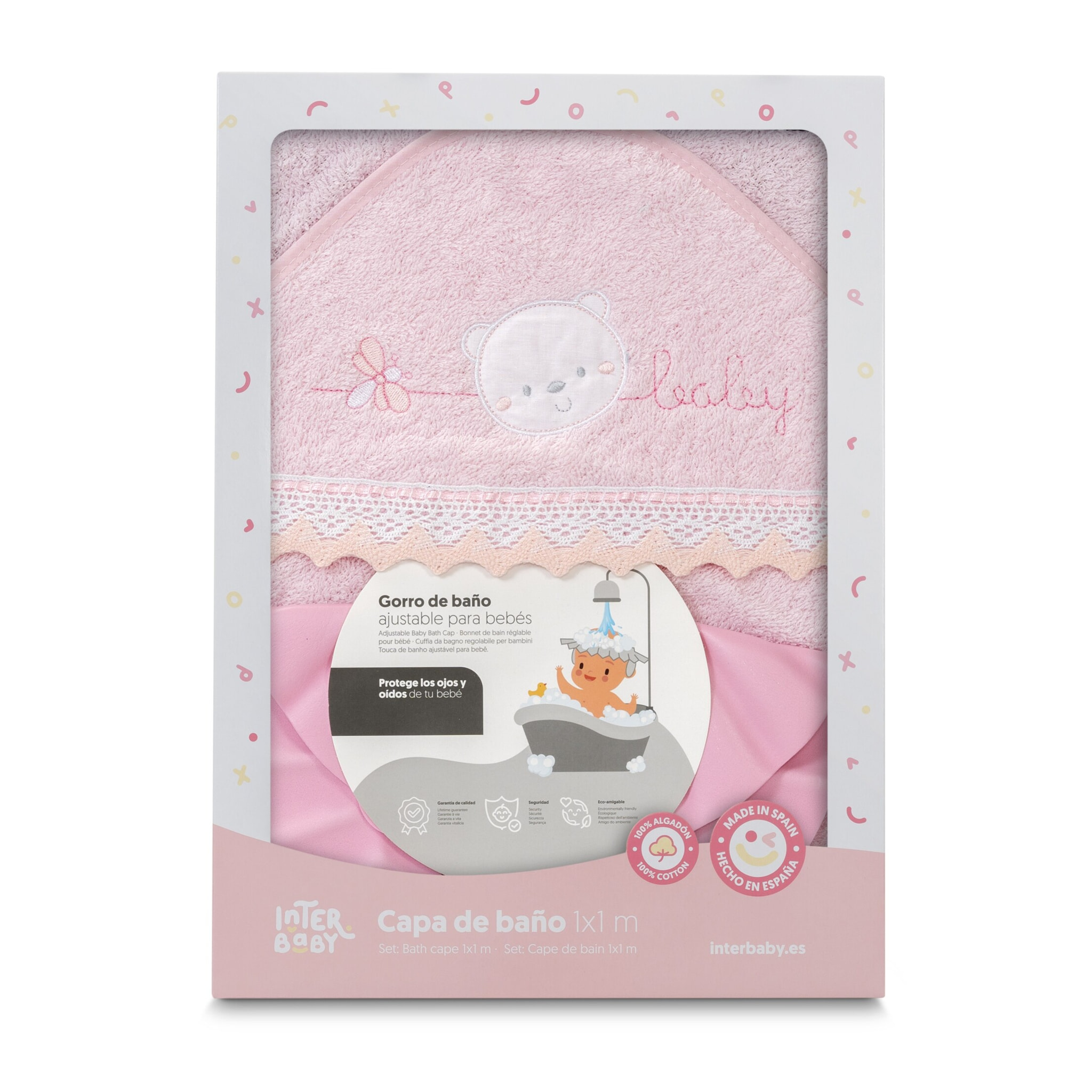 Capa Baño 1X1 Mod Carita Oso Baby Guipur+ Gorro Rosa