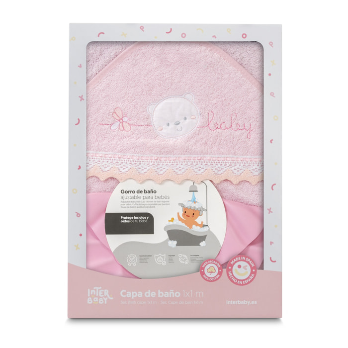 Capa Baño 1X1 Mod Carita Oso Baby Guipur+ Gorro Rosa