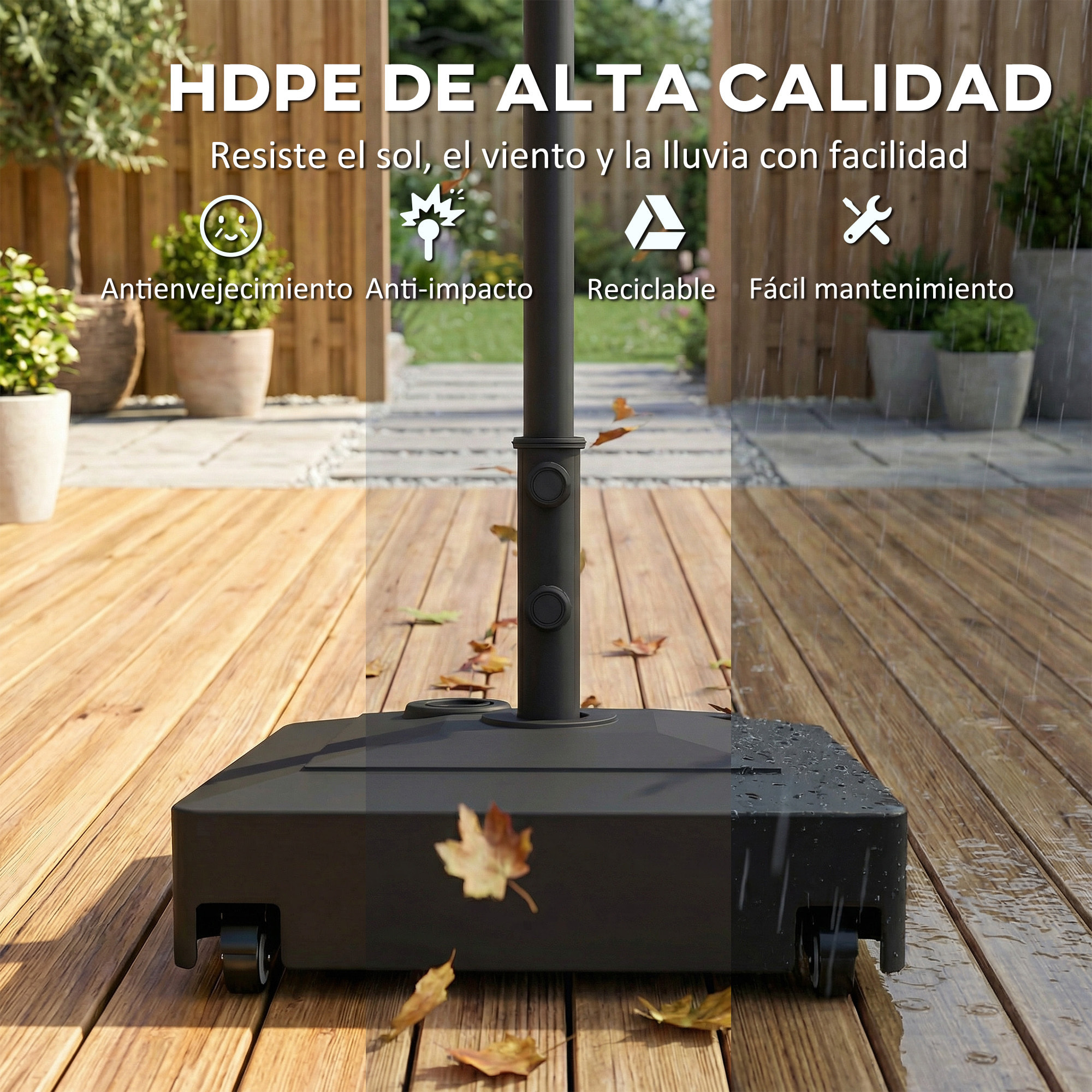 Base para Sombrilla Cuadrada con Ruedas, Soporte de Parasol de HDPE, Pie para Sombrilla con Postes Ø35/38/48 mm, Rellenable de Arena 61 kg o Agua 40 kg, para Jardín, Patio, Terraza, Negro