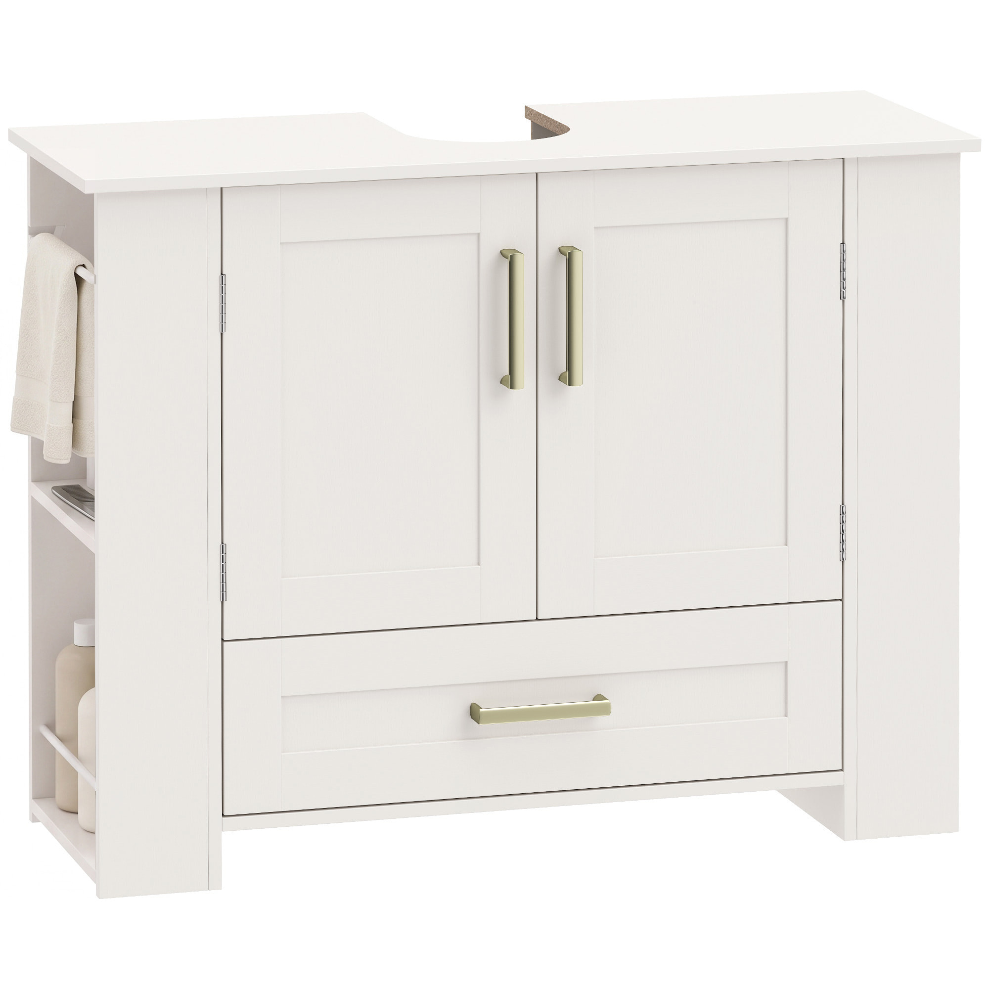 HOMCOM Mueble Bajo Lavabo, Mueble de Baño con Estantes en la Puerta, Portarrollos, Cajón, Compartimentos Abiertos, para Lavabo sin Pedestal, 80x30x62 cm, Blanco